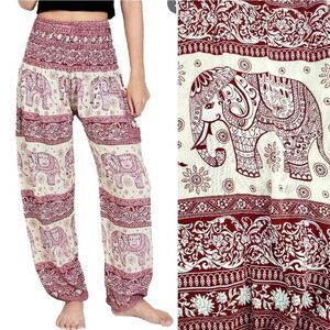 Thai Elephant Tribal Print Smock Waist Rayon Harem Pants *Med/ Lrg Boho Hippie‎